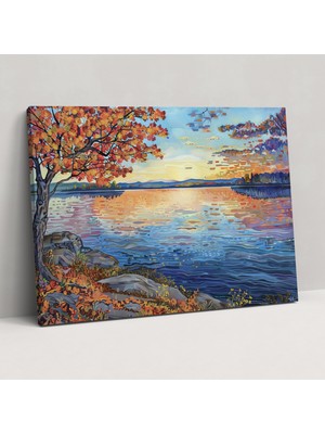 Painted Anarchy Lakeside Pointillism Duvar Sanatı - Pointillism, Sakin Lakeside Manzarası, Duvar Sanatı, Gün Batımı, 50X30