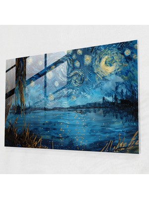Painted Anarchy Vincent Van Gogh Cam Sanatı - Rhône Üzerinde Yıldızlı Gece - Vincent Van Gogh, Cam Sanatı, Duvar Dekorasyonu, Modern Sanat, 45X30