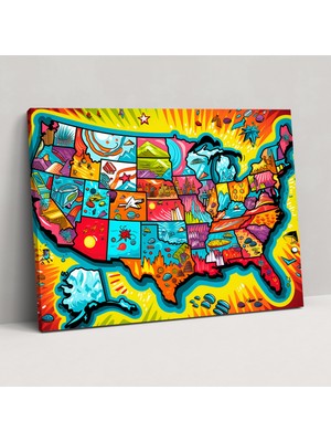 Painted Anarchy Pop Art Amerika Birleşik Devletleri Haritası Duvar Dekorasyonu - Amerika Birleşik Devletleri Haritası, Duvar Sanatı, Kanvas, Koyu Renkler, 50X30