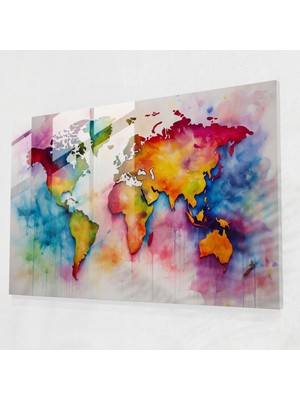 Painted Anarchy Dünya Haritası Cam Baskı - Soyut Suluboya Dünya Haritası - Dünya Haritası 2, Dokular, Cam Baskı, Soyut Suluboya Resim, 45X30