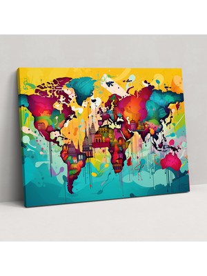 Painted Anarchy Pop Art Dünya Haritası Kanvas Tablo - Dünya Haritası, Grafik Öğeleri, Canlı, Pop Art Illüstrasyon, 50X30