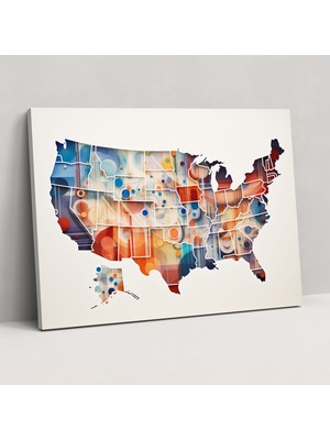 Painted Anarchy Amerika Birleşik Devletleri Haritası Duvar Sanatı - Amerika Birleşik Devletleri Haritası, Modern Soyut Sanat, Kanvas, Geometrik Şekiller, 50X30