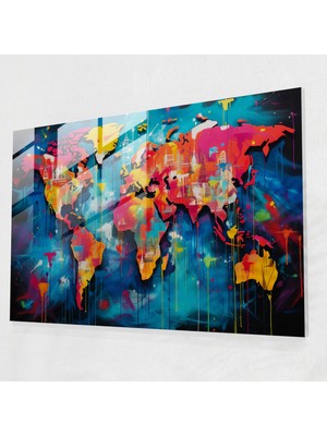 Painted Anarchy Dünya Haritası Modern Sanat - Dünya Haritası 2, Çizgi Romanlardan Esinlenen, Canlı Dünya Haritası, Cam Baskı, 45X30