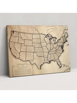 Painted Anarchy Vintage Amerika Birleşik Devletleri Haritası Duvar Dekorasyonu - Amerika Birleşik Devletleri Haritası, Kanvas Tablo, Ev Dekorasyonu, Karmaşık Detaylar, 50X30