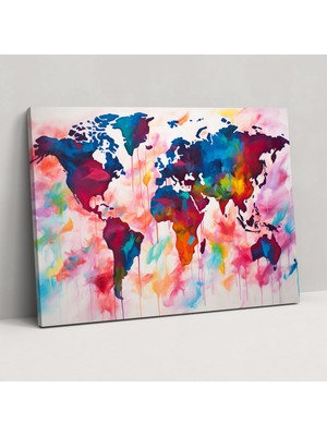 Painted Anarchy Renkli Dünya Haritası Duvar Tablosu - Dünya Haritası, Soyut, Canlı, Renkli, 50X30
