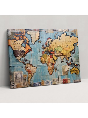 Painted Anarchy Kolaj Dünya Haritası Kanvas Tablo - Dünya Haritası, Kolaj Stili, Dünya Haritası, Pullar, 50X30