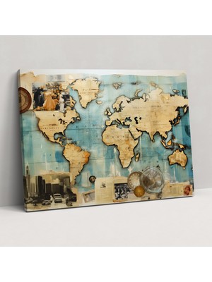 Painted Anarchy Karışık Medya Dünya Haritası Duvar Sanatı - Dünya Haritası, Karışık Medya Kolaj, Dünya Haritası, Vintage Fotoğraflar, 50X30