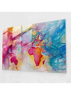 Painted Anarchy Soyut Cam Baskı - Dünya Haritası 2, Canlı Renkler, Duvar Süslemesi, Dünya Haritası, 45X30