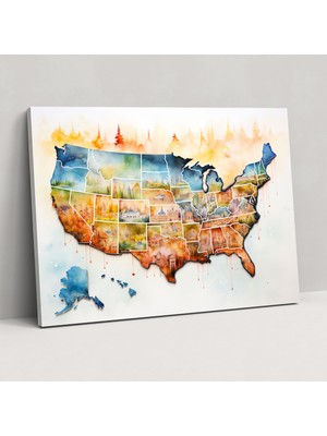 Painted Anarchy Amerika Birleşik Devletleri Haritası Duvar Tablosu - Amerika Birleşik Devletleri Haritası, Duvar Dekorasyonu, Amerika Birleşik Devletleri Haritası, Kanvas Tablo, 50X30