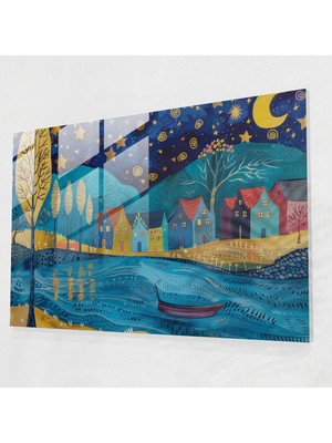 Painted Anarchy Vincent Van Gogh Cam Baskı - Yıldızlı Gece Köyü - Vincent Van Gogh, Modern Sanat, Cam Baskı, Duvar Dekorasyonu, 45X30