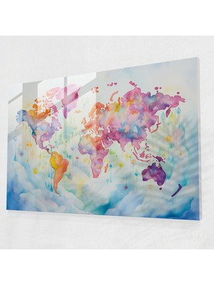 Painted Anarchy Dünya Haritası Cam Baskı - Tuhaf Suluboyalar - Dünya Haritası 2, Canlı Renkler, Cam Duvar Sanatı, Keşif, 45X30