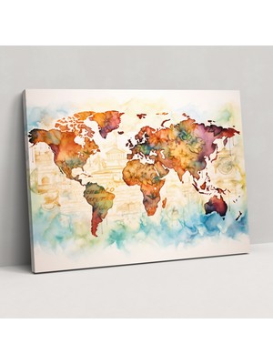 Painted Anarchy Suluboya Kaligrafi Dünya Haritası Kanvas Tablo - Dünya Haritası, Suluboya ve Kaligrafi Füzyonu, Dünya Haritası, Kanvas Tablo, 50X30