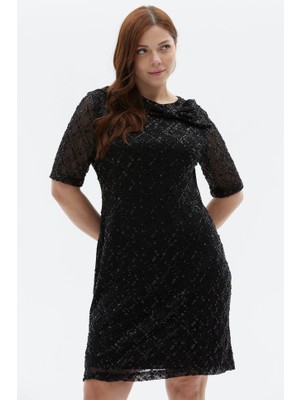 Selen Giyim Büyük Beden Yakası Fiyonklu Payetli Elbise