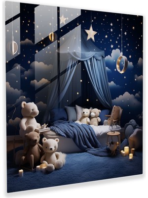 Painted Anarchy Kreş Yıldızlı Gece Cam Baskı - Kreş, Cam Sanatı, Huzurlu Atmosfer, Sevimli Uykulu Hayvanlar, 30X30