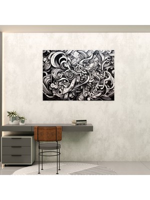 Graffiti Siyah Beyaz Duvar Sanatı - Graffiti, Kanvas Tablo, Siyah Beyaz, Karmaşık, 50X30