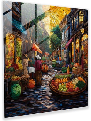 Painted Anarchy Canlı Köy Pazarı Cam Baskı - Köy, Market, Ev Dekorasyonu, Cam Sanatı, 30X30