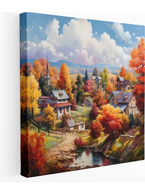 Sonbahar Köy Manzarası - Kanvas Tablo - Köy, Sonbahar Yaprakları, Yağlıboya Tablo, Duvar Dekorasyonu, 30X30