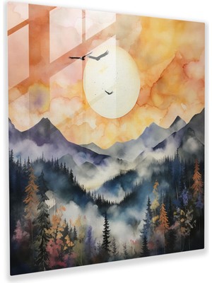 Painted Anarchy Misty Mountain Gündoğumu Cam Baskı - Gündoğumu, Gündoğumu, Duvar Süslemesi, Cam Duvar Tablosu, 30X30