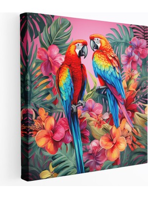 Painted Anarchy Tropikal Yaban Hayatı Kanvas Tablo - Tropikal, Kanvas Tablo, Tropikal Çiçekler, Canlı Papağanlar, 30X30