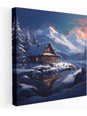 Painted Anarchy Rustik Karlı Dağ Kulübesi Duvar Sanatı - Rustik, Kanvas Tablo, Karlı Dağlar, Kış Harikalar Diyarı, 30X30