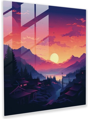 Painted Anarchy Siluet Gün Batımı Köyü Cam Tablo - Köy, Ev Dekorasyonu, Cam Duvar Sanatı, Siluet, 30X30