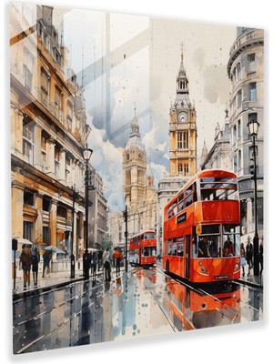 Painted Anarchy Zarif Cam Baskı - Londra Şehir Manzarasının Çağdaş Suluboya Illüstrasyonu, 30X30