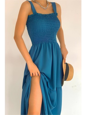 Kasheha Mavi Kalın Askılı Üstü Gipeli Eteği Fırfırlı Yazlık Elbise 125 Cm - Ksh00382