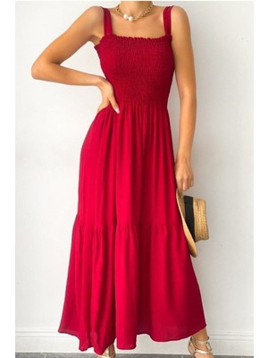 Kasheha Bordo Kalın Askılı Üstü Gipeli Eteği Fırfırlı Yazlık Elbise 125 cm - KSH00382