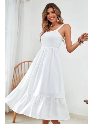 Kasheha Ekru Kalın Askılı Üstü Gipeli Eteği Fırfırlı Yazlık Elbise 125 cm - KSH00382