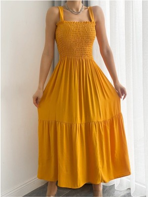 Kasheha Hardal Kalın Askılı Üstü Gipeli Eteği Fırfırlı Yazlık Elbise 125 cm - KSH00382