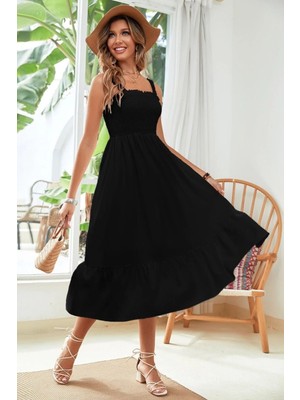 Kasheha Siyah Kalın Askılı Üstü Gipeli Eteği Fırfırlı Yazlık Elbise 125 cm - KSH00382