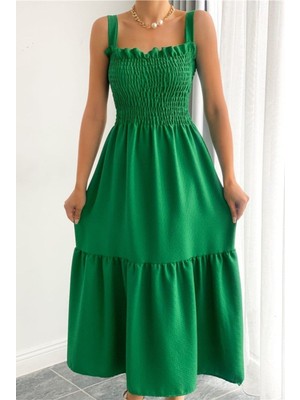Kasheha Yeşil Kalın Askılı Üstü Gipeli Eteği Fırfırlı Yazlık Elbise 125 cm - KSH00382