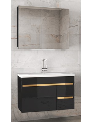 Alfa Banyo Viosen-Ea Siyah-Gold 80 cm Çekmeceli Mdf-Aynalı Lavabolu Banyo Dolabı Takımı Demonte Değil