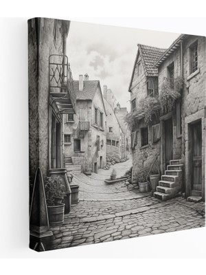 Painted Anarchy Şirin Köy Sokağı Karakalem Çizim Kanvas Tablo - Köy, Günlük Yaşam, Ev Dekorasyonu, Duvar Dekorasyonu, 30X30