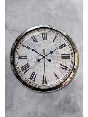 Falez Decor 40 cm Metal Romen Rakamlı Rakam Dünya Haritası Kadranlı Modern Dekoratif Lüks Duvar Saati