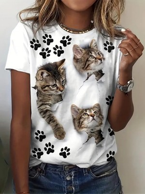Janes Kadın Kısa Kollu Kedi ve Pati Baskılı Süprem T-Shirt