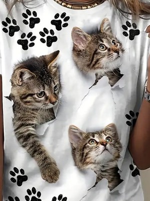 Canan Ataç  Kadın Kısa Kollu Kedi ve Pati Baskılı Süprem T-Shirt