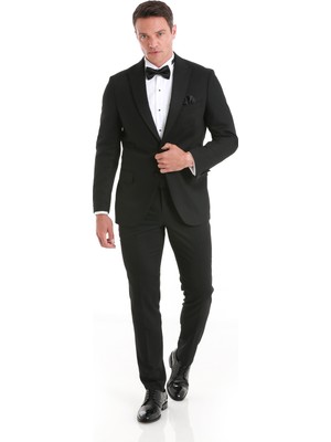 Hatemoğlu Siyah Slim Fit Desenli Çıkma Sivri Yaka Klasik Damatlık
