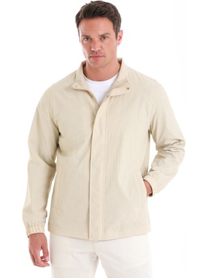 HTML Bej Slim Fit Düz Dik Yaka Mevsimlik Mont