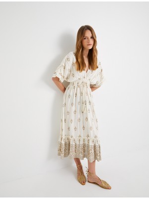 Koton Midi Elbise Yarasa Kol V Yaka Desenli Beli Gipeli Püsküllü