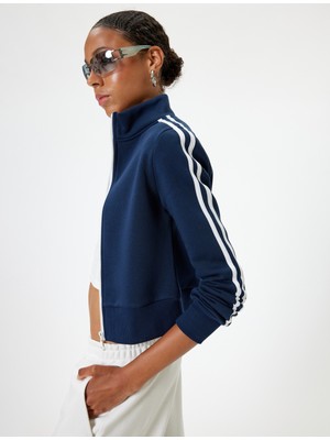 Koton Fermuarlı Crop Sweatshirt Biyeli Dik Yaka Şardonlu