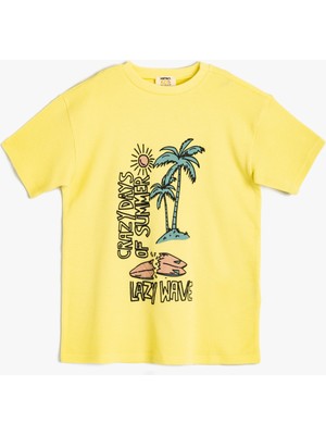 Koton Oversize Kısa Kollu Pamuklu Tişört Yaz Temalı Erkek Çocuk Sarı Bisiklet Yaka