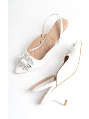 Modabuymus Elizabeth Beyaz Taşlı Stiletto Arkası Açık Abiye Ayakkabı