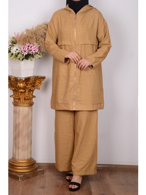 Armine 24YT638 Karamel Kadın Kapişonlu Önden Fermuarlı Üst Geniş Paça Pantalonlu Takım