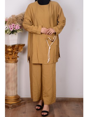 Armine 24YT670 Hardal Kadın Fermuarlı Bisiklet Yaka Pantalonu Beli Lastikli Geniş Paça Çift Cepli Takım