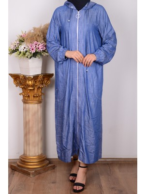 Armine 24YT564 Indigo Kadın Kapişonlu Derin Cep Detaylı Boydan Fermuarlı Kolları Lastikli Giyçık