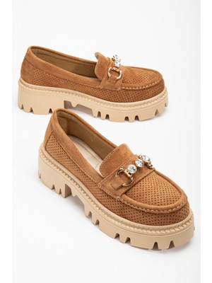 Kadın Taba Süet Rahat Kalıp Önü Tokalı Kalın Taban Loafer