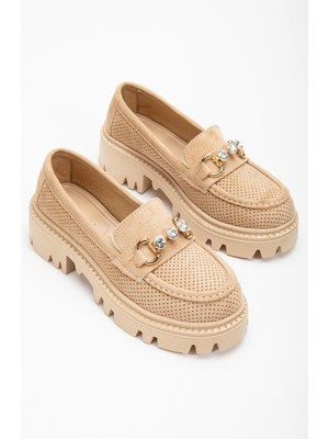 Kadın Nude Süet Rahat Kalıp Önü Tokalı Kalın Taban Loafer