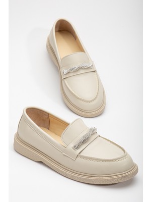 Kadın Ten Cilt Rahat Kalıp Önü Sarmal Taşlı Günlük Loafer