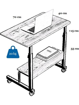 Tekno Trust 70 cm Yükseklik Ayarlı Raflı Laptop Sehpası ve Çalışma Masası - Antrasit (Tekerli) 70X40 Metal Gri